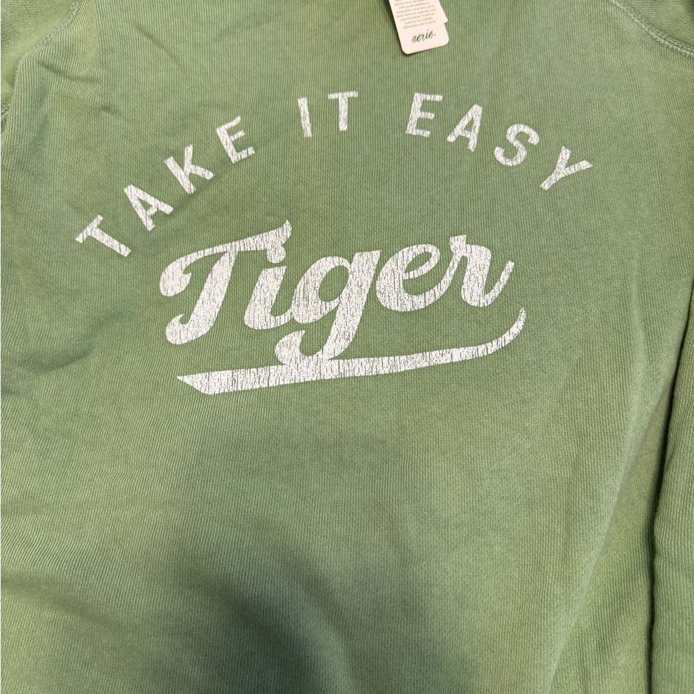 Aerie Take It Easy Tiger 100% Cotton Green Sweatshirt NWT XL - Picture 2 of 10